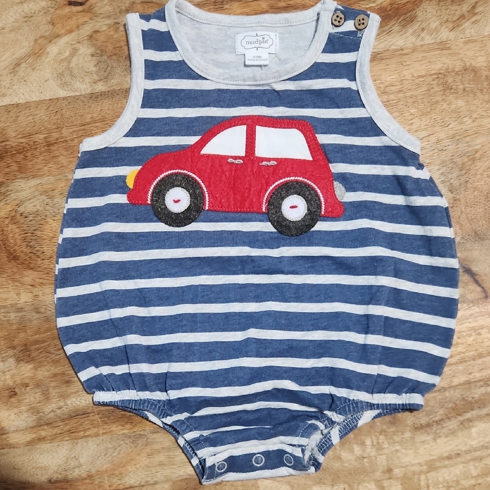 Mud Pie Blue and White Striped Baby Romper with Red Car Detail